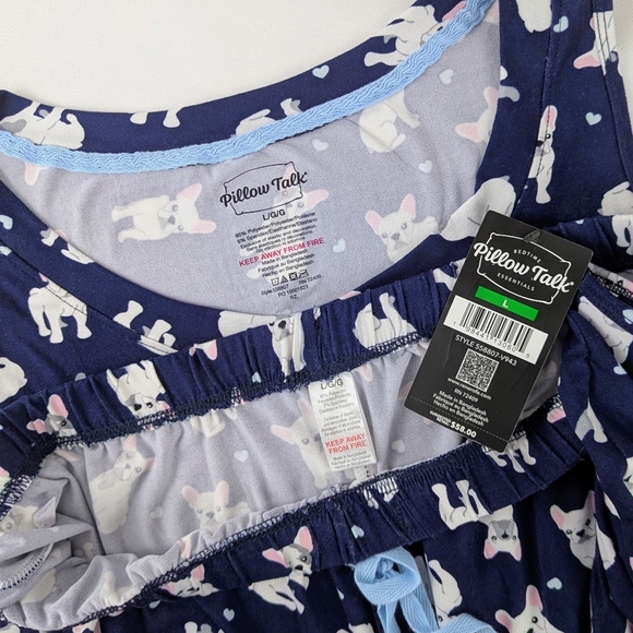 Pillow Talk Frenchies Hearts Print PJ Set Tank Top Crop Pants Navy White L NWT - Picture 9 of 11